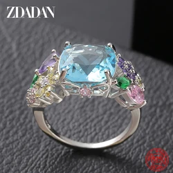 ZDADAN 925 Sterling Silver Square Gemstone Ring For Women Fashion Glamour Gift Wedding Jewelry