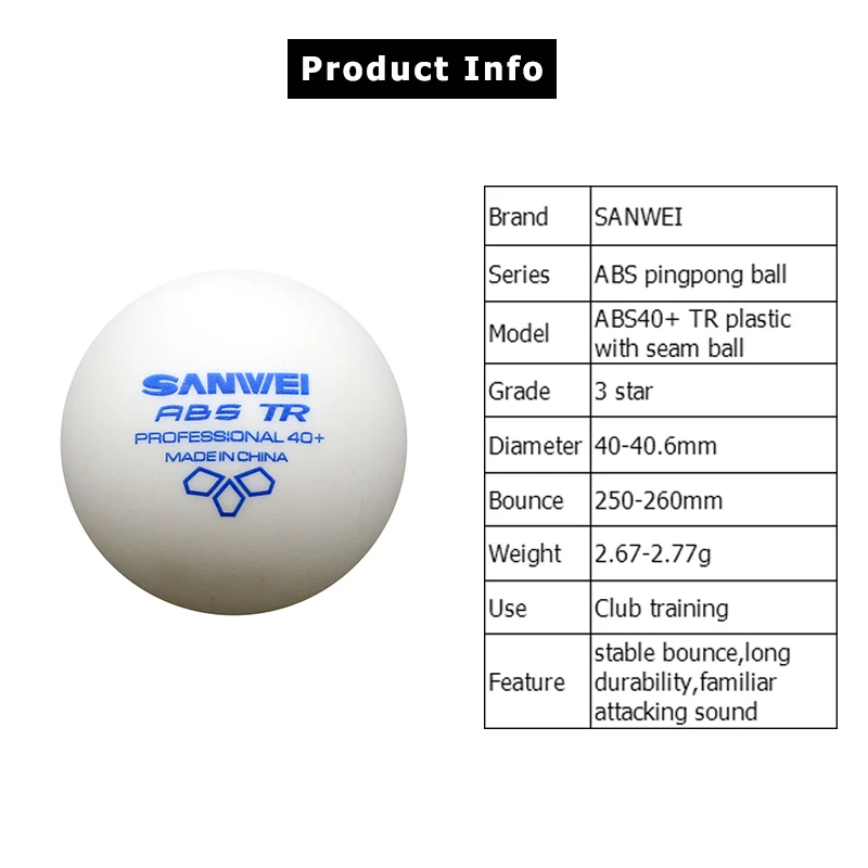 SANWEI ABS TR 3 Star Table Tennis Balls 40+ New Material Plastic White Ping Pong Balls for Training 100pcs