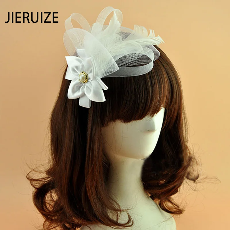 JIERUIZE ślubne kapelusze ślubne z piór netto białe czerwone ślubne spinki do włosów akcesoria ślubne Fascinator