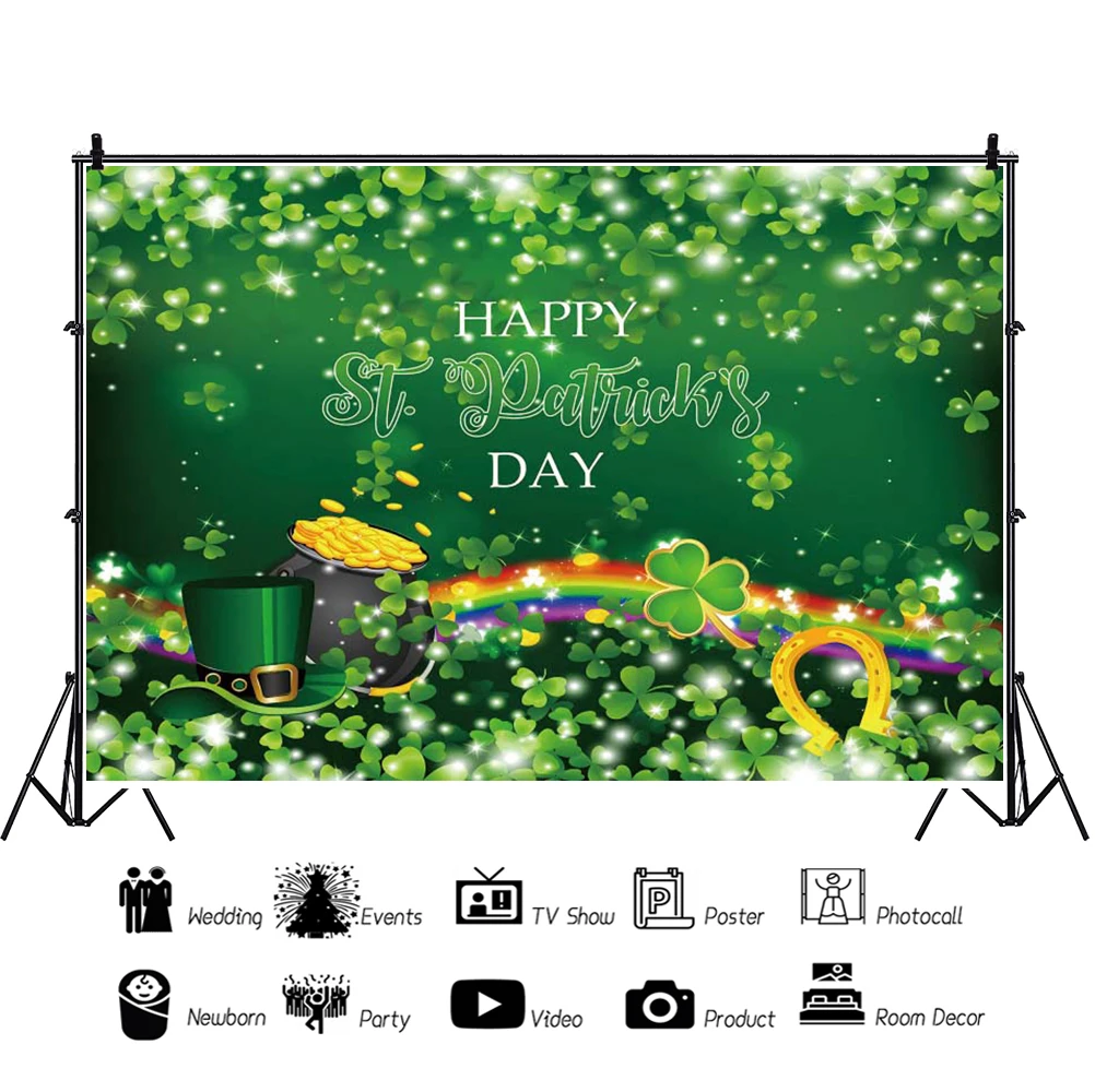 Happy St.Patrick's Day Photography Backdrop Baby Portrait Party Decor Green Shamrocks Spring Rainbow Hat Leprechaun Background