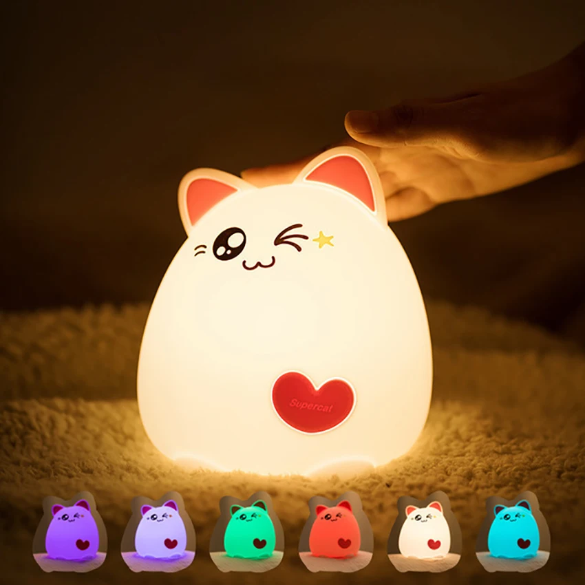 Cute Cat Night Light for Kids, Tap/ Remote Control, Portable Warm Light & Color Changing Silicone Baby Nightlight for Birthday