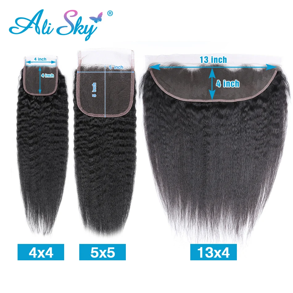 Rambut manusia lurus Kinky 3 bundel dengan 4x4 5x5 penutup panjang 30 inci kelinci lurus Yaki dengan Frontal 13x4 tissage bresilien