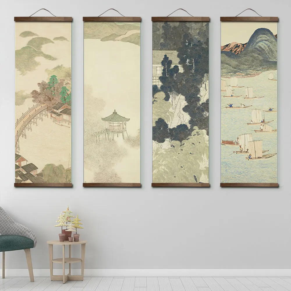 Japanese Style Ink Landscape Alpine Canvas Decorative  Bedroom Living Room Wall Art Posters Chinese Solid Wood Scroll Paintings