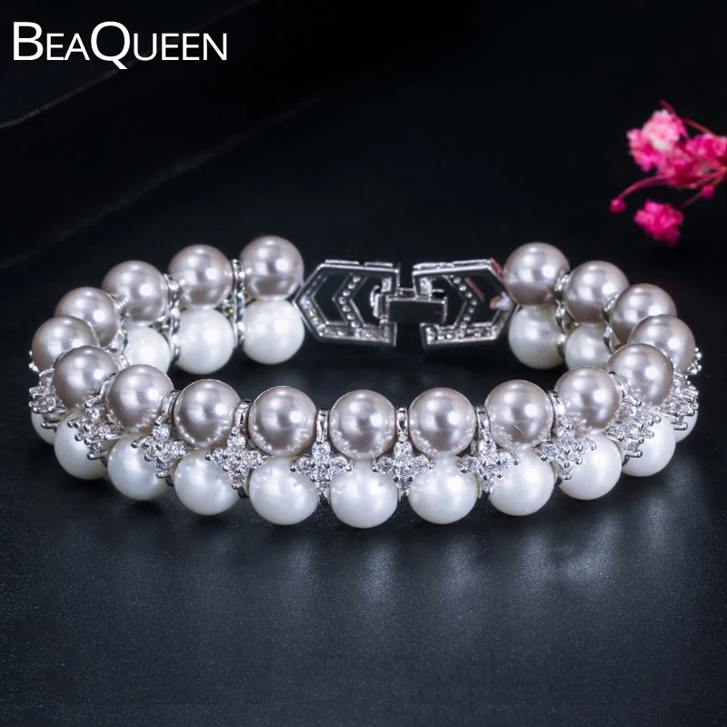 BeaQueen Exquisite Cubic Zirconia Big Round White and Grey Pearl Wedding Bangles Bracelets Party Jewelry for Bridesmaids B181