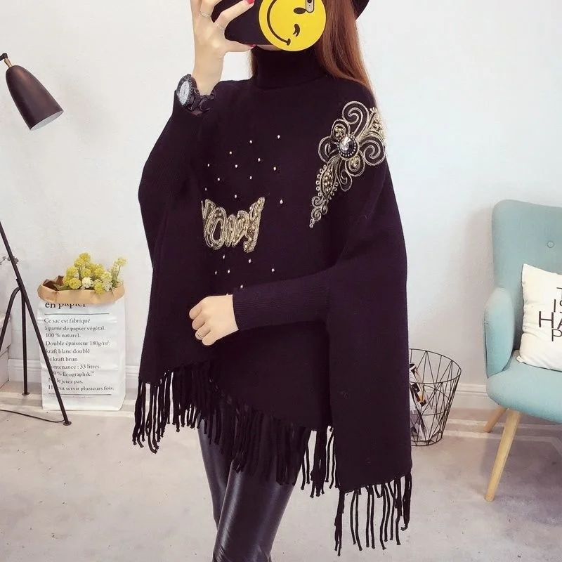 

Sweater Women Cape Bat-sleeved Turtleneck Loose Knitted Cloak Ladies Tassel Shawl Lady Autumn Winter Clothes Poncho Robe Pull