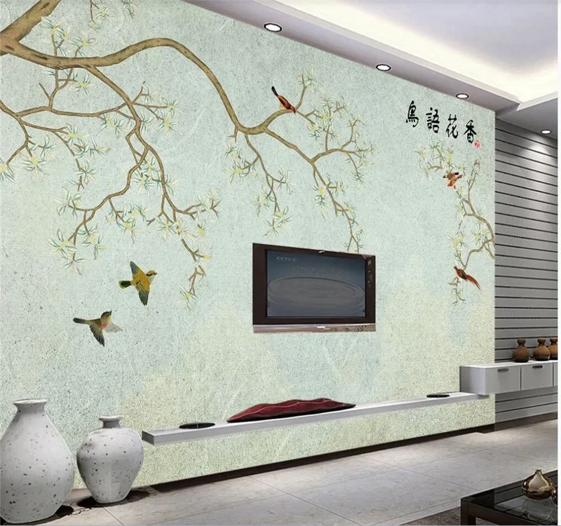 XUE SU Large custom mural wallpaper hand-painted simple fashion flowers and birds background wall