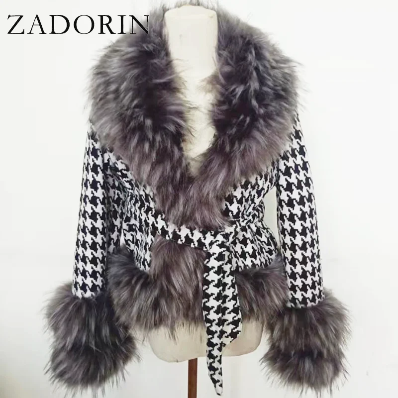 ZADORIN Trend Fashion Autumn Winter Short Plaid Wool Patchwork Faux Racoon Fur Coat Women Luxury Big Fur Collar Faux Fur Jacket