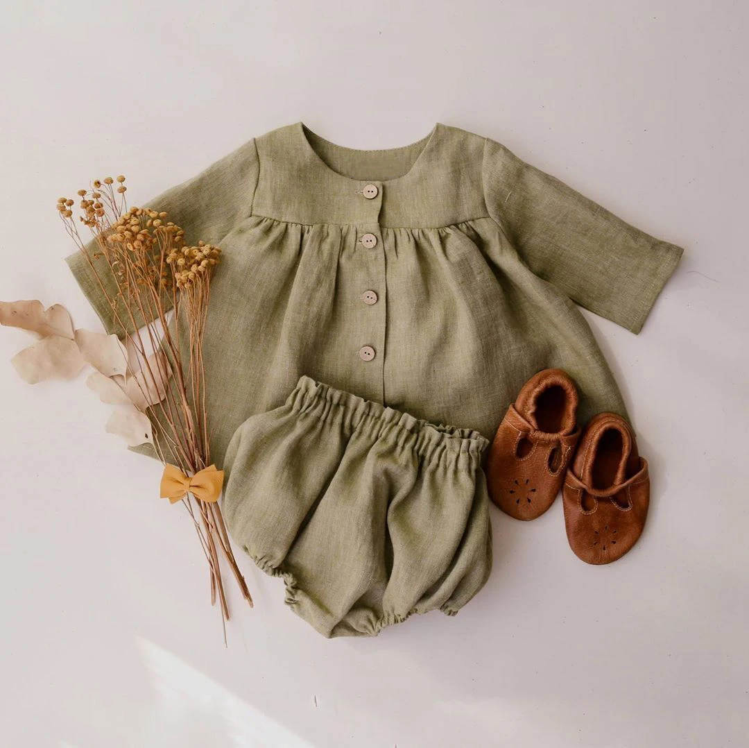 One Set Spring Baby Girls Dresses Long Sleeve Outfits Kids Wears Cotton Linen Autumn Tops+Shorts Pants Suit Children Clothes