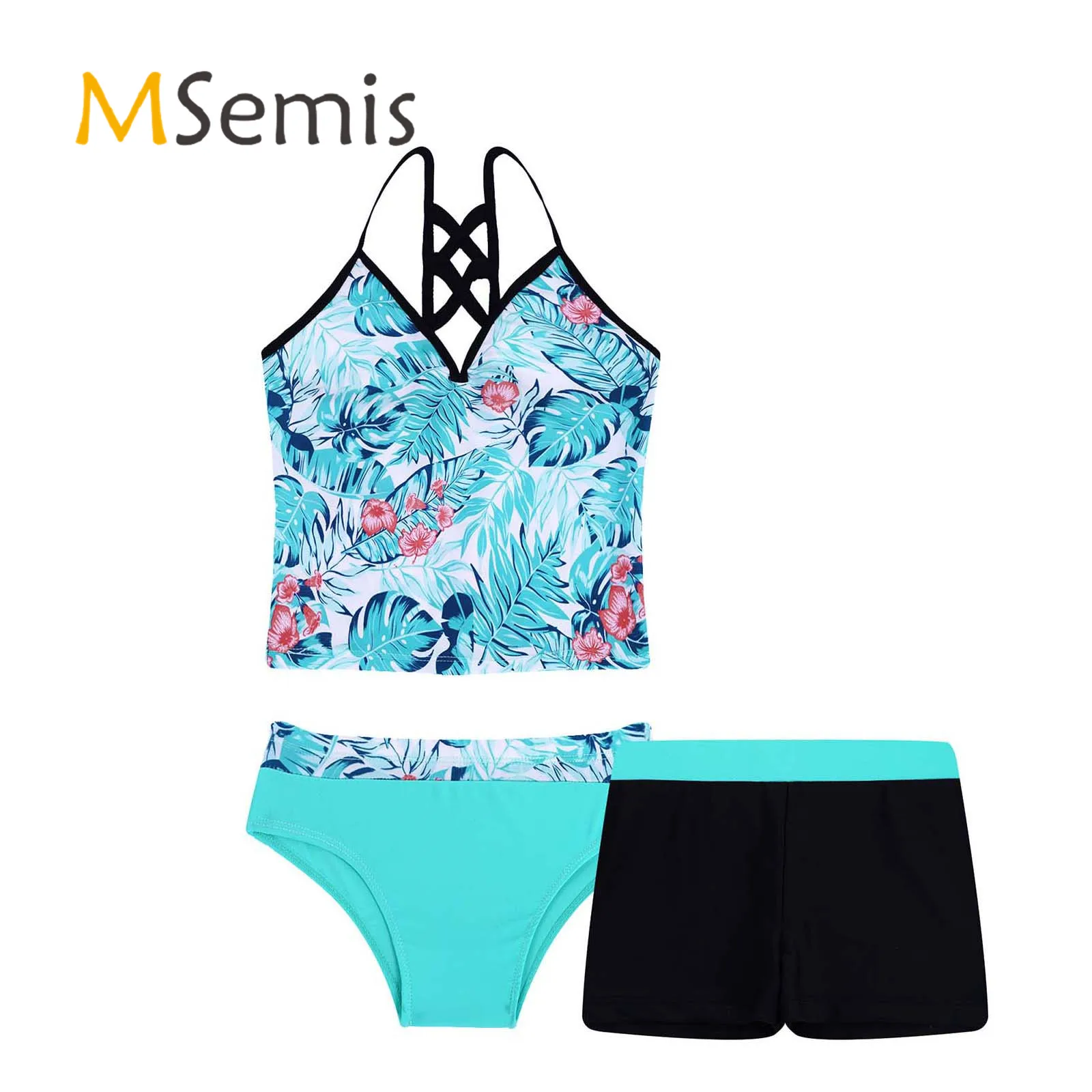 MSemis Kids Girls Tankini costume da bagno costumi da bagno stampati floreali costumi da bagno top con pantaloncini da nuoto Set da bagno per bambini