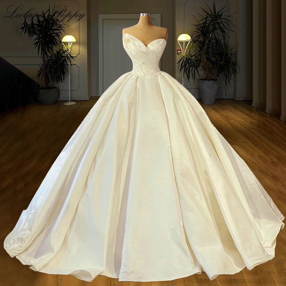 

Lceland Poppy Elegant Ball Gown Strapless Satin Wedding Dresses Sleeveless Bridal Gowns Vestido de Noiva with Corset Back