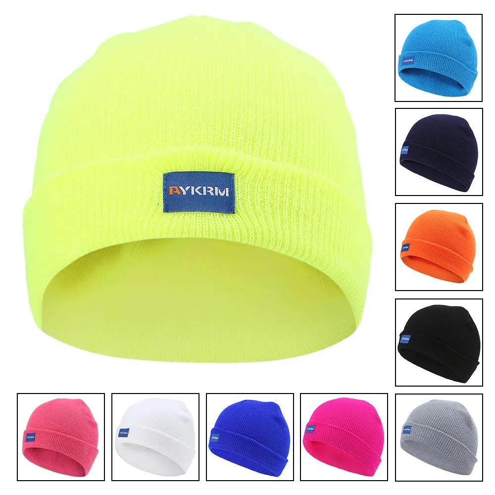 AYKRM Daily Knit Ribbed Beanie Cap Bright Solid Acrylic Cuff Fluorescence Hat Winter Skull Orange Brown Black Neon Yellow Green