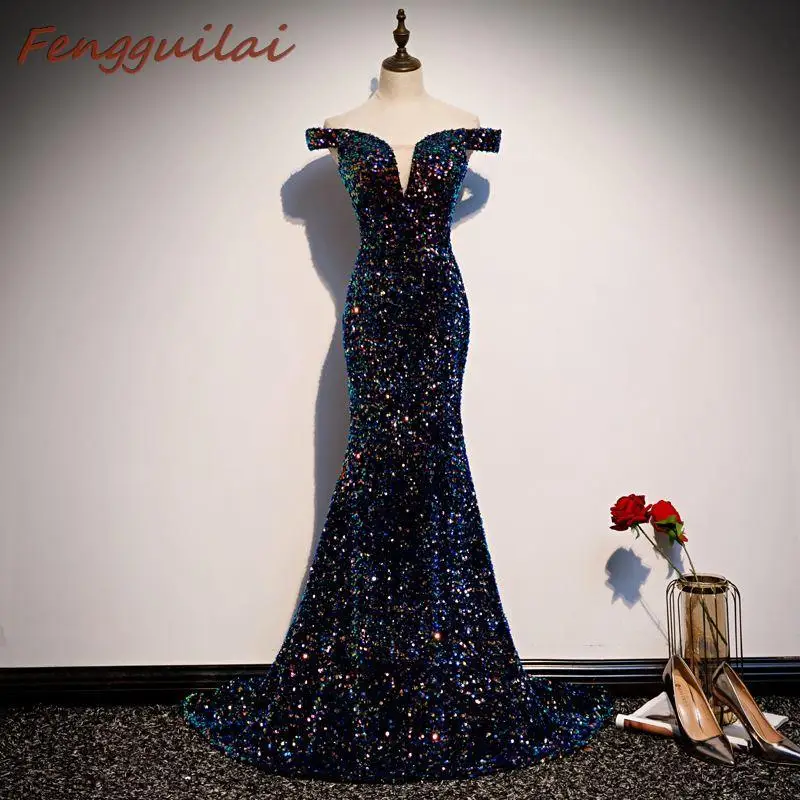 

New Navy Blue Sequined Off Shoulder Maxi Dress Full Sleeve Slash Neck Elgant Bodycon Party Dresses Fishtail Lining Dress Women