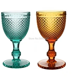 Retro Wine Glasses Cups Amber Relief Diamond Drinking Fruit Juice Wedding Party Champagne Cup Wine Glass 300ml 10oz Goblet