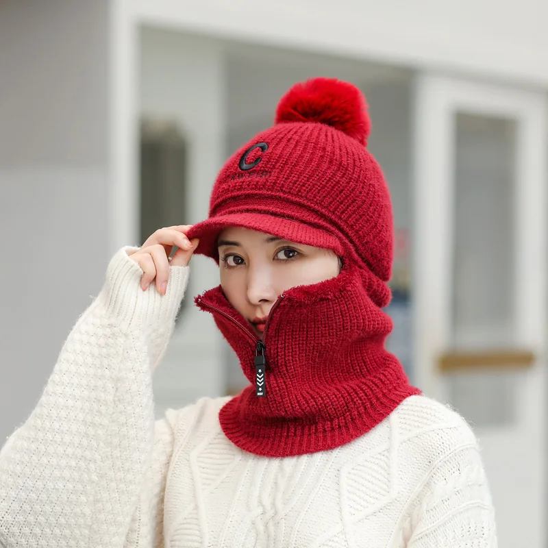 Letters C Knitted Beanie Scarf Set For Woman Girl Curved Brim Autumn Winter Hat Zipper Pompoms Cycling Ski Hunting Hat