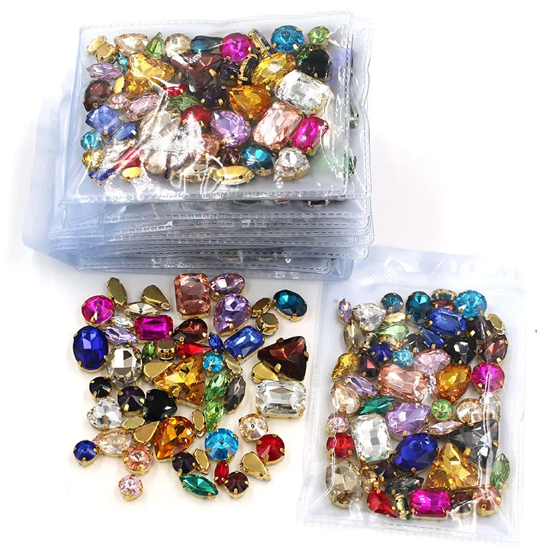 Wholesale 5 bags mixed shape mix colors gold base sewing glass crystal rhinestones for clothing/wedding dress