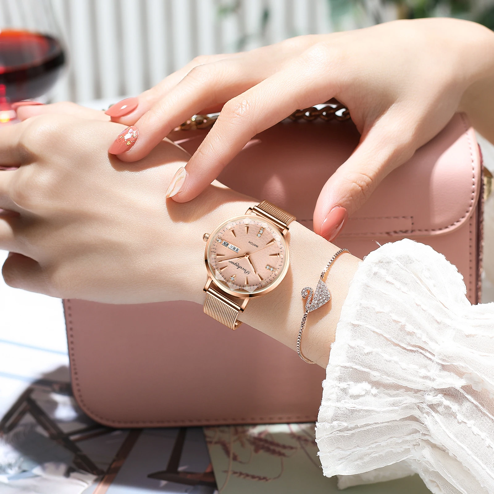 POEDAGAR Women Watches High Quality Japan Quartz Fashion  Stainless Steel Mesh Simple Rhinestones Rose Gold Ladies Watch