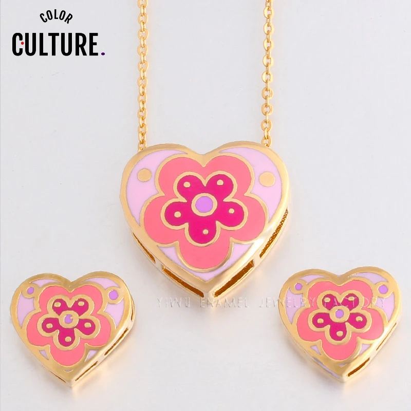 Color Culture Parure Bijoux Femme Adornment  Jewelry Sets for Women Love Shape  Enamel Charms Jewelry Sets  (Necklace, Earring)