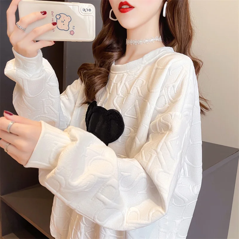 Women\'s Sweatshirts Harajuku Couples Overszie Letter Jacquard O-neck Pullovers Long Sleeve Loose Autumn Spring Bear Streetwear