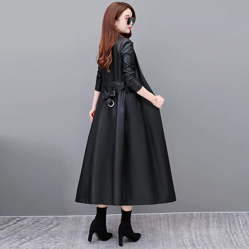 Autumn/Winter Leather Female Long Overcoat 2023 New Oversize 5XL Plus Cotton Windbreaker Women Warmth Slim Leather Coat Jacket