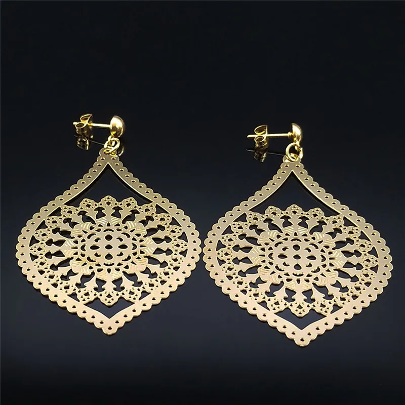 Fashion Bohemia Stainless Steel Big Long Flower Earring Women Gold Color Floral Stud Earrings Boho Jewelry pendientes flor E9144