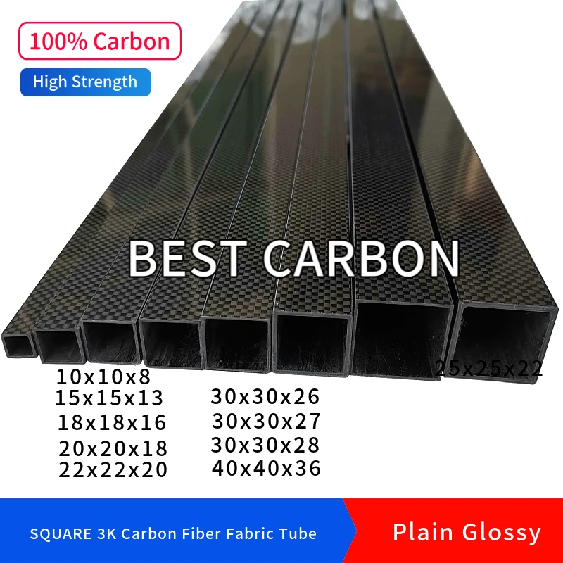 2000mm Length SQUARE 10 15 18 20 22 25 30 40mm Plain Glossy High Quality 3K Carbon Fiber Fabric Wound/winded Tube,CFK Tube/Rohre