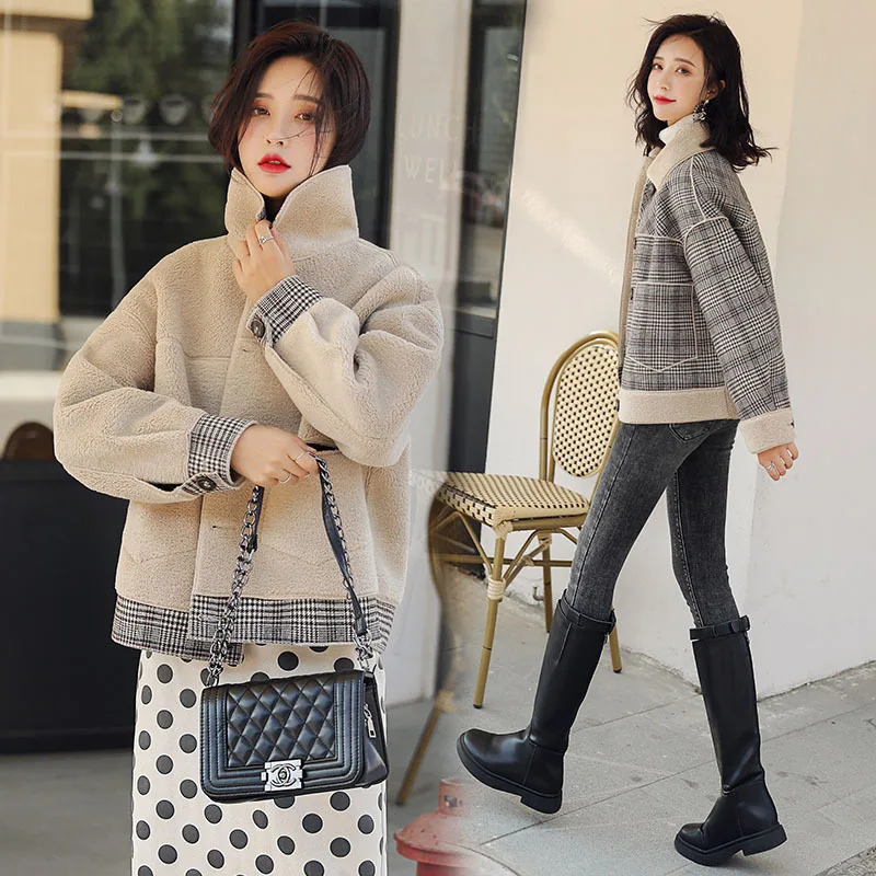 

2023 Fashion Woman Jacket Winter New Warm Wool Jacket Coats Women Splice Plaid Coat Female Short Woolen Jackets Casaco Feminino