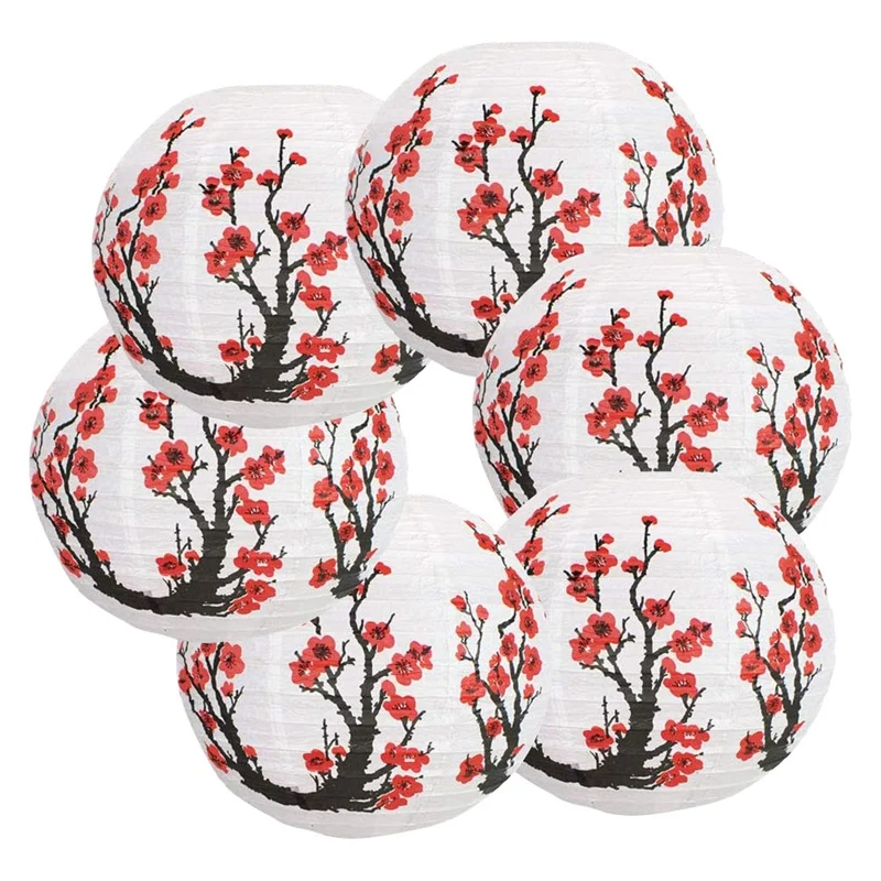 HOT 5/6 Pack 12Inch Red Cherry Flowers Paper Lantern White Round Chinese Japanese Paper Lamp for Home Wedding Party Decoration