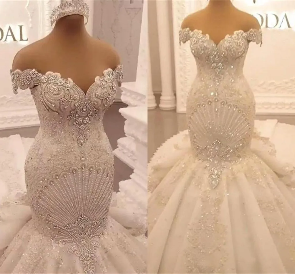 Luxury Appliques Lace Mermaid Wedding Dresses Off Shoulder Crystal Backless Ruffles cathedral train Arabic Dubai Bridal Gown