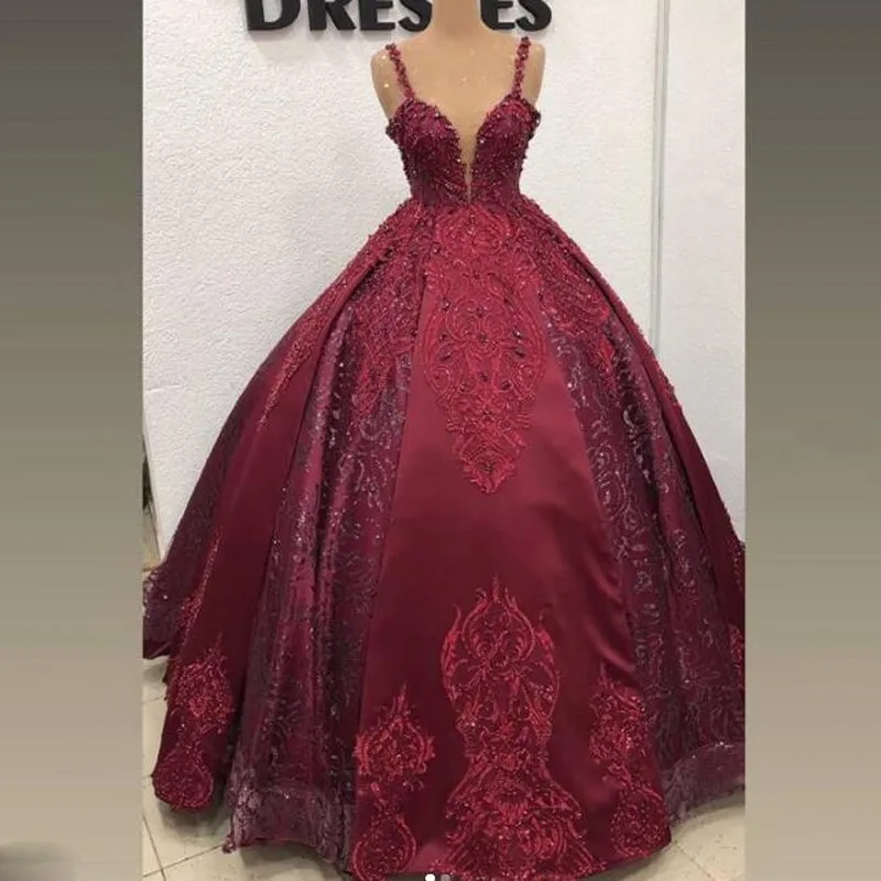 Burgundy Ball Gown Prom Dresses Spaghetti Lace Appliques Dubai Evening Gowns Saudi Arabia Robe De Soiree