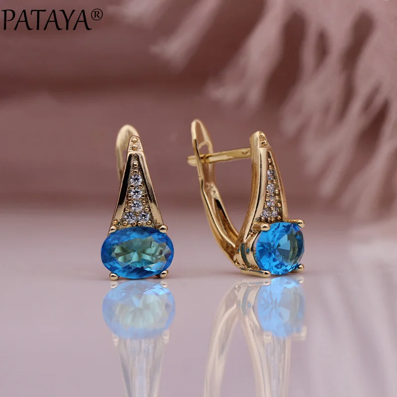 PATAYA New Winter Clearance Fashion Popular Women Fashion Jewelry Sets Oval Natural Zircon 585 Rose Gold Color Earrings Ring Set