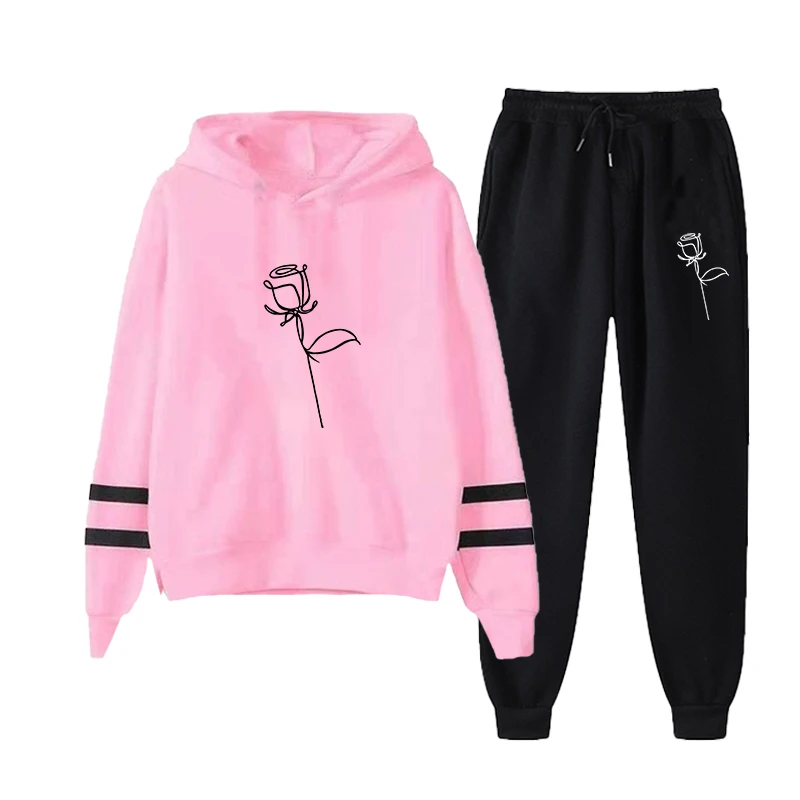 Women 2 Pieces Set Fleece Tracksuits Rose Print Hoodies + Elastic Waist Pants Fashion Casual Striped Sleeves Outfits Female Suit