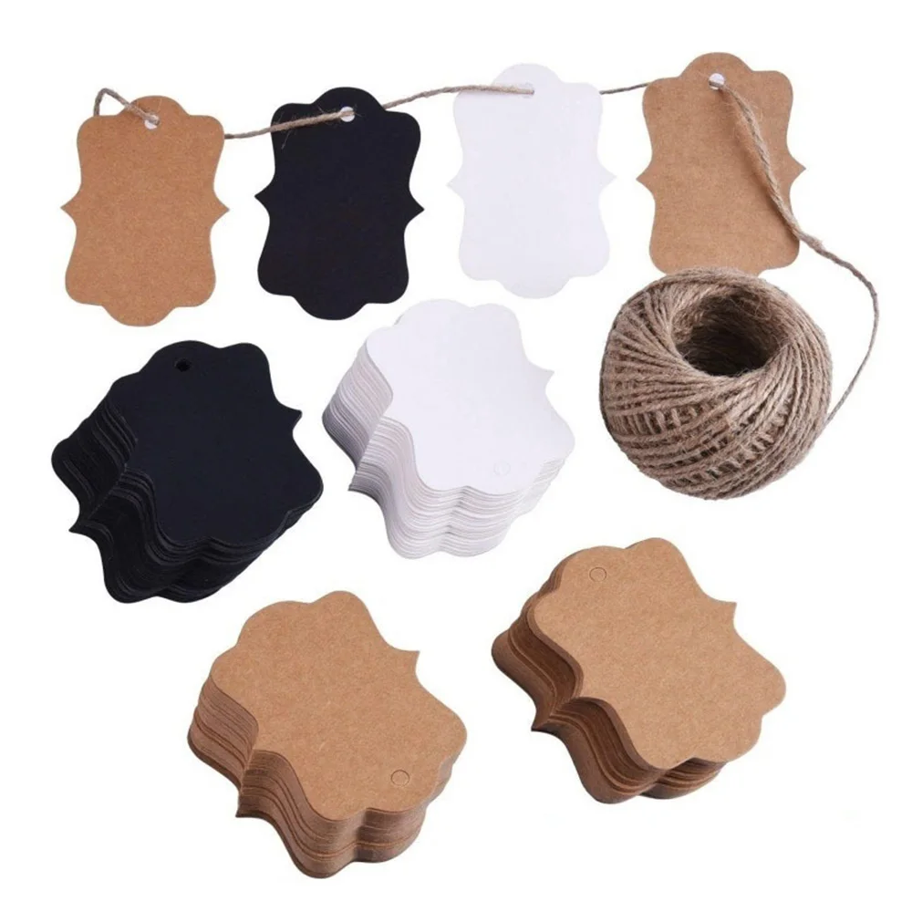 100pcs Kraft Paper Tags with Hemp Rope Price Labels Clothes Hanging Cards White/Black/Brown Blank Note Packing Gift Decor DIY