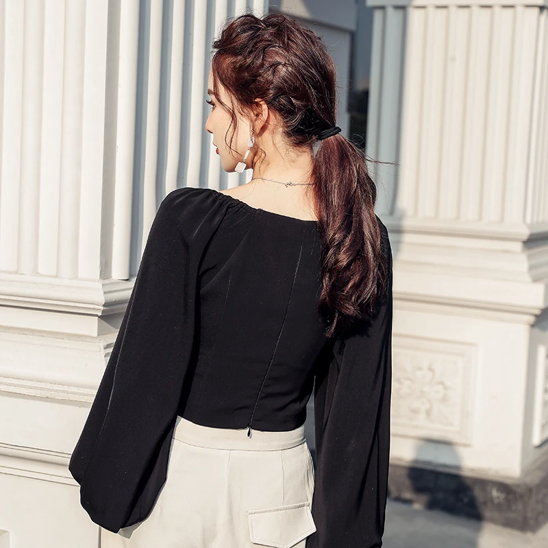 Vintage Women Tops Solid Lantern Sleeve Square Collar Female Blouses Shirts Summer Ladies Button Short Style Patchwork Blouses