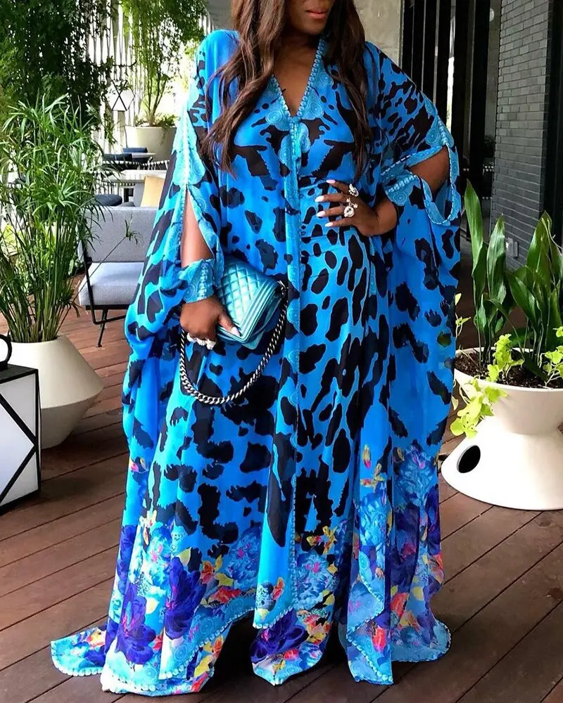 2021 afrykański nadruk ubrania Dashiki Africain Boubou Femme sukienka damska Plus Size rękaw w kształcie skrzydła nietoperza Ankara sukienki