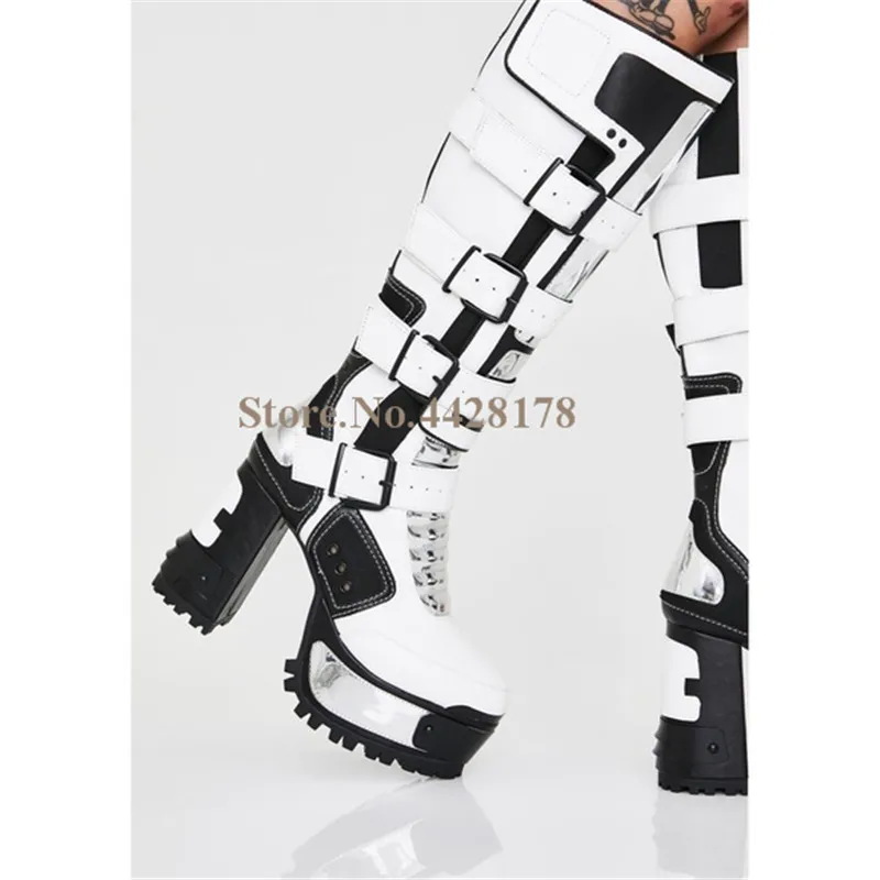 2024 New Women Chunky Heels Motorcycle Knee High Boots Winter Patchwork Buckle Strap Platform Boots High Heel Gothic Shoes Woman