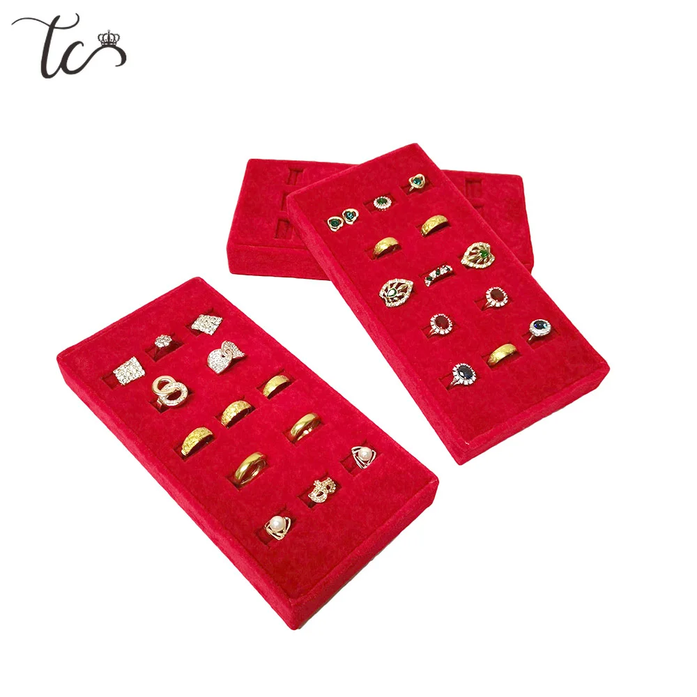 Red Velvet Suede Ring Earrings Organizer Ear Studs Jewelry Display Stand Holder Rack Showcase Plate