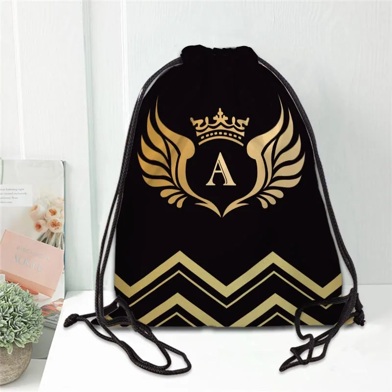 Golden Letter Drawstring Bag Portable Lightweight Backpack Bag Travel Sport Outdoor Hiking Storage Bag Silk Fabric Bag 20201102