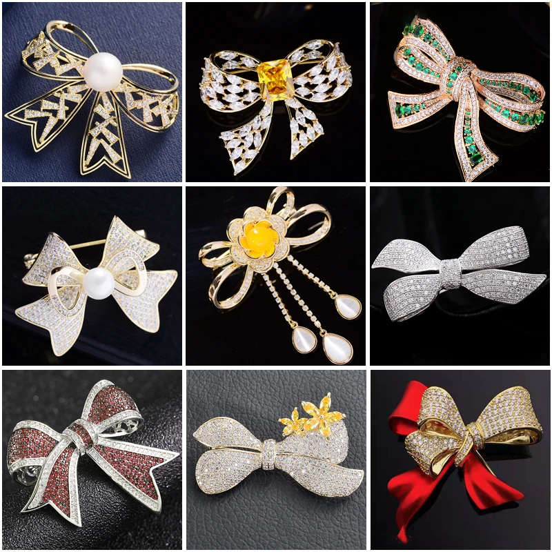 

Luxury Bowknot Brooch Cubic Zirconia Pearl Cute Bow Jewelry Lapel Pins for Women Wedding Brooches Accessories Christmas Gifts