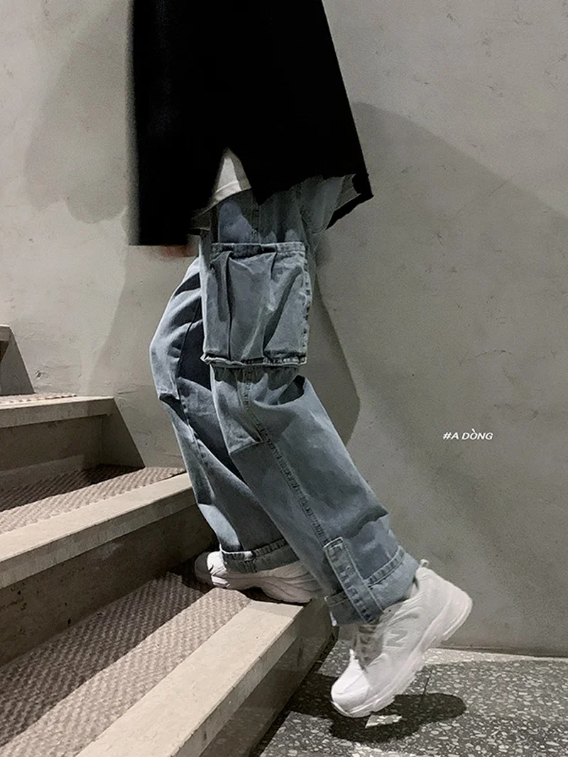 ICCLEK Wide-leg Jeans Men's Straight Loose Cropped Trousers Spring and Autumn Trousers Mens Jeans  Ripped Jeans for Men