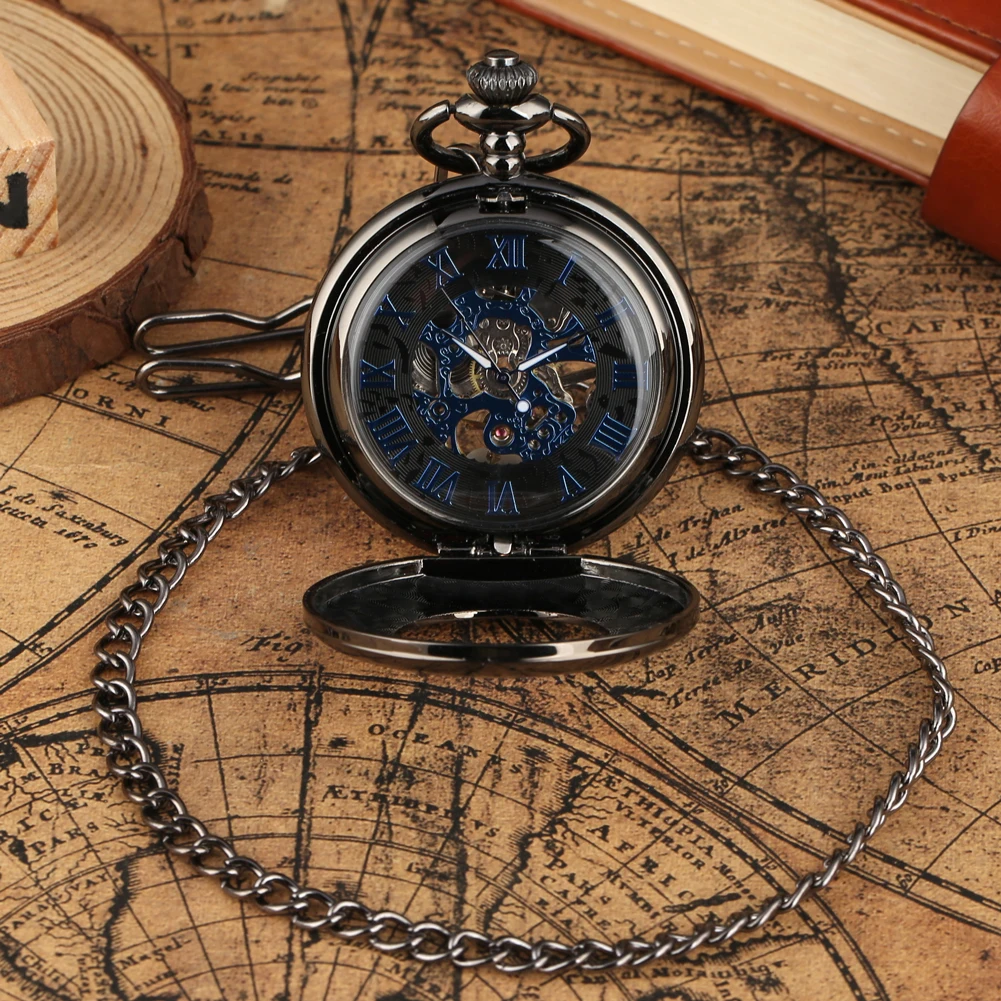 Black Hollow-Out Zakhorloge Smooth Case Met Blauwe Wijzerplaat Mechanische Hanger Ketting Met Ketting Klok Reloj De Bolsillo