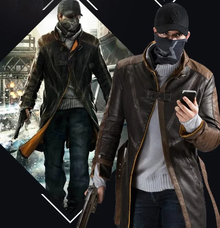 Aiden Pearce Costume PU Leather Coat + Cap + Scarf Face Mask One Set Cosplay Game Costume