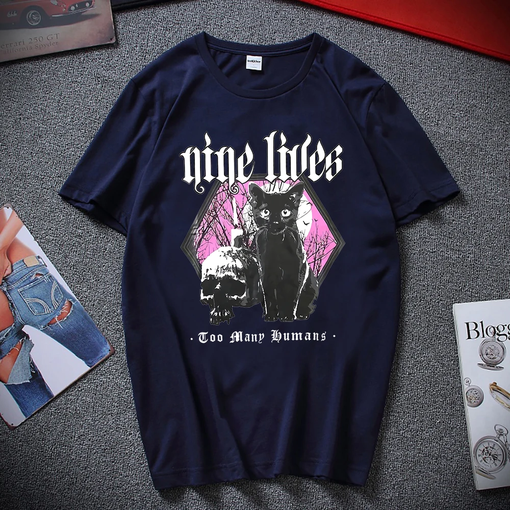 Nine Lives Goth Shirt Cool Death Metal Sphynx Cat Black Metal Witchcraft T-Shirt Gothic Punk Style Tee Spooky Aesthetic Tops