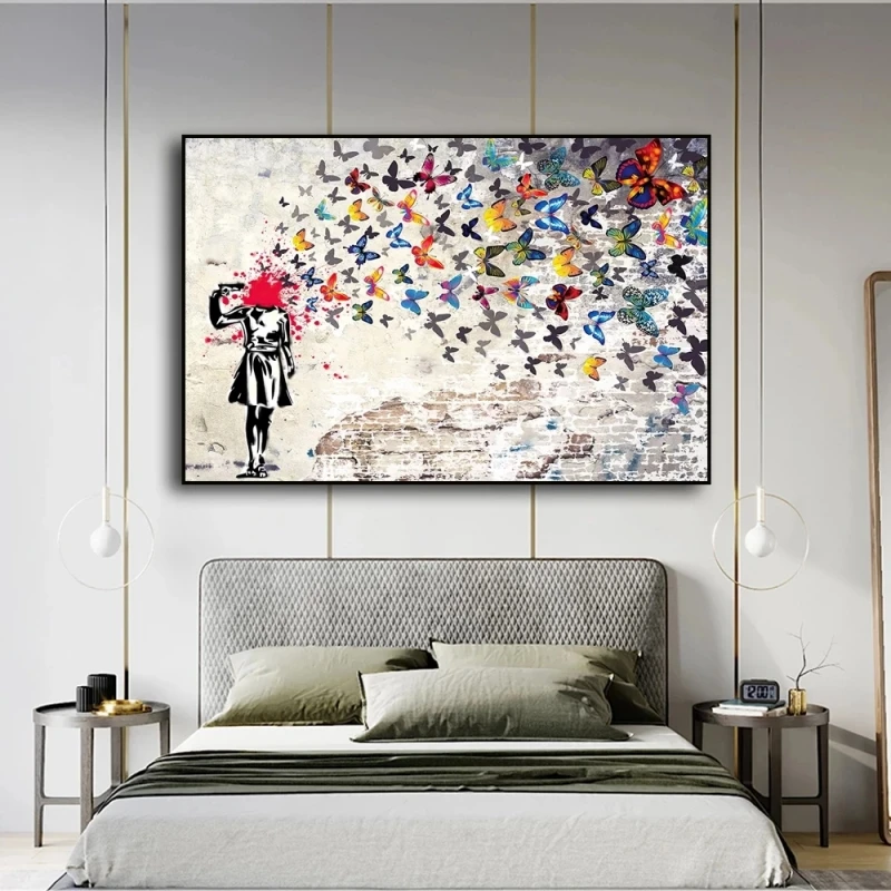 Banksy Artwork Girl with Butterfly Canvas Paintings on The Wall Abstract Horse Riding Pictures Prints for Modern Home Room Decor