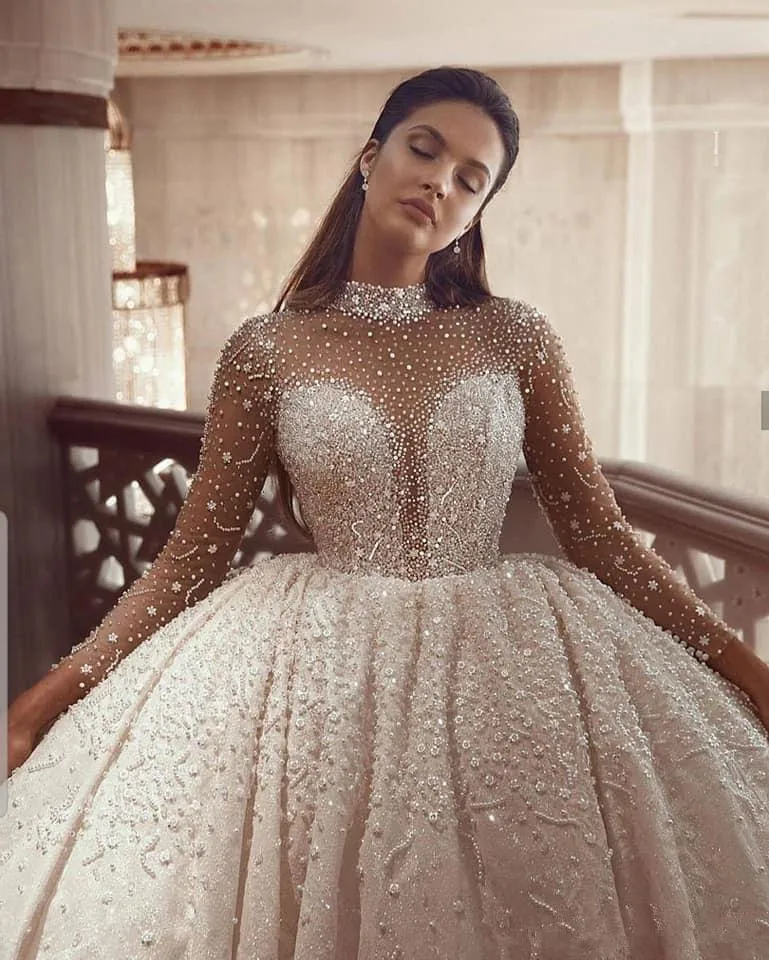 

Luxurious Beading Puffy Wedding Dresses 2023 Long Sleeves Crystal High Neck Arabic Bridal Gowns Vintage Robe De Mariee