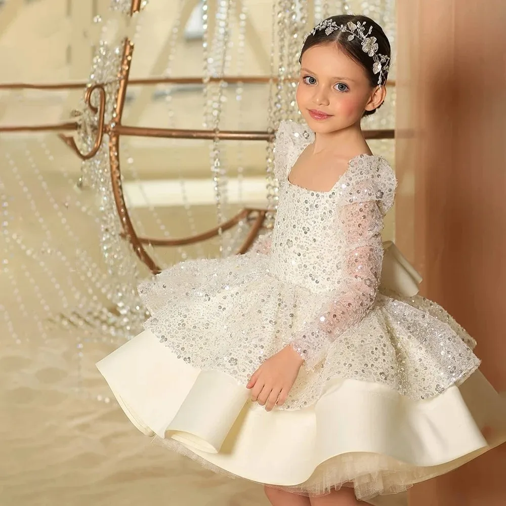 Glitter Ivory Flower Girl Dresses Sequin Baby Girl Dress Square Puffy Dresses For Girls Kids Birthday Party Gown