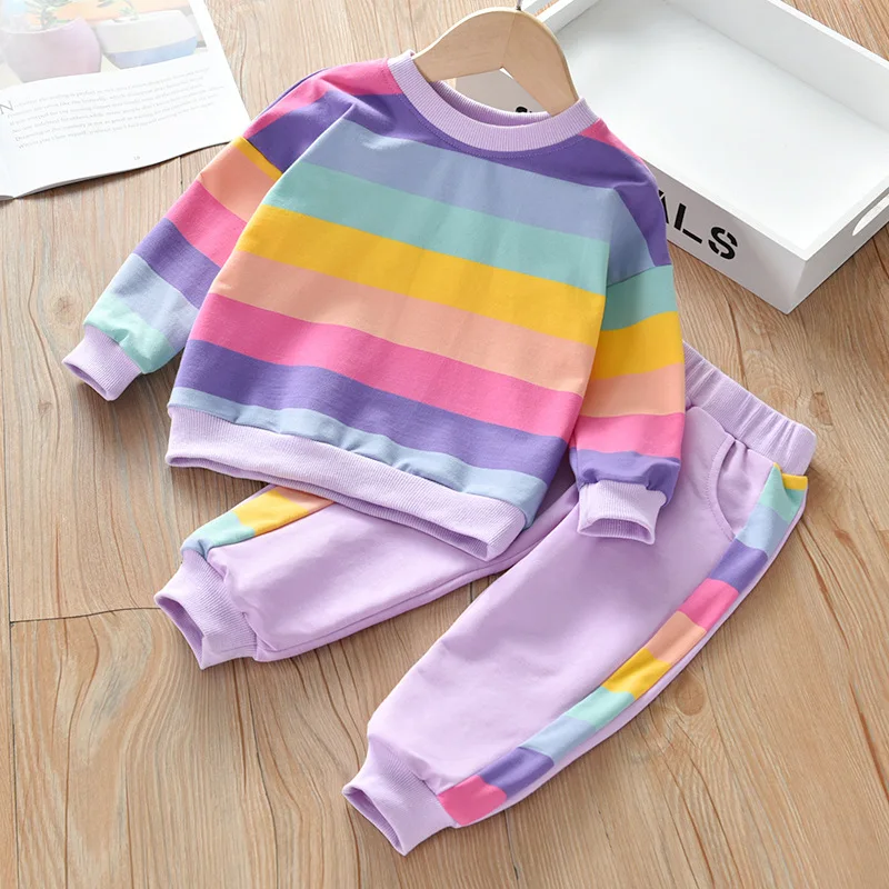 Baby Girls Rainbow Striped Spring Autumn Sport Causal Clothing Sets Children Kids Hoody T Shirt Pants Clothes for 2 to 8 years