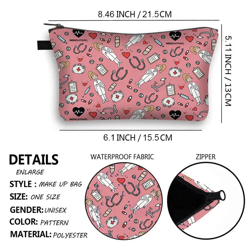 Nurse ECG Printing Cosmetic Bag Hot Sale Cartoon Doctor Woman Coin Purse Cosmetic Storage Bag Travel Cosmetic Case