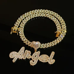 Grandbling-Collar personalizado con nombre y corazón, cadena cubana con diamantes de imitación, collar con palabra, Circonia cúbica, joyería personalizada de hip hop