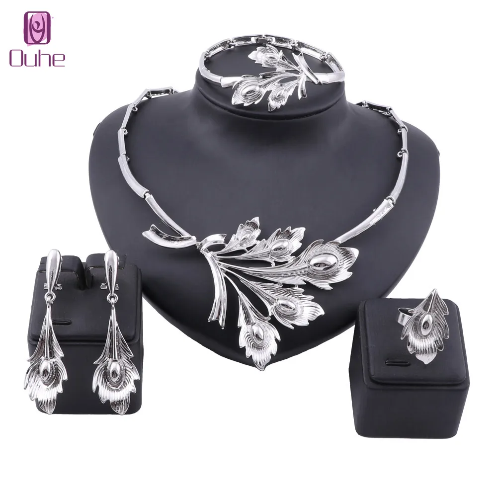 Fashion Nigerian Wedding African Costume Jewelry Set Dubai Neckace Bangle Earrings Ring For Women Party Jewelry Sets 3 Colors