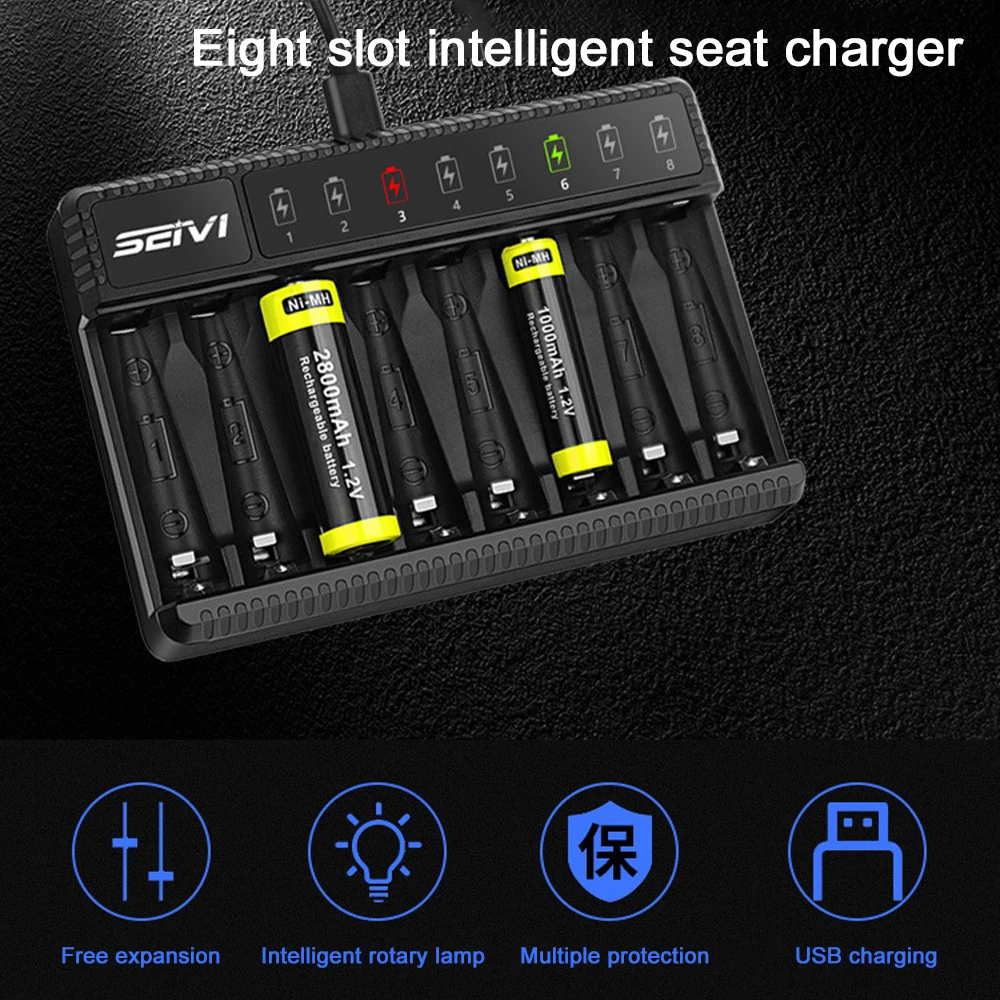 8 Slot Smart Battery Charger DC 5V LED Display Ni-MH Battery Charger with USB  Port for AA/AAA NiMH Rechargeable Batteries